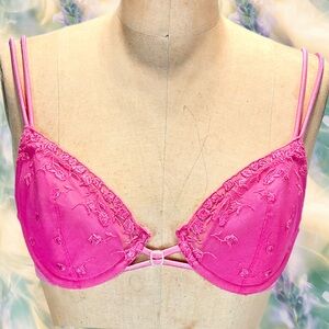 VINTAGE Lily of France bra hot pink embroidered floral pearl lined underwire 34B